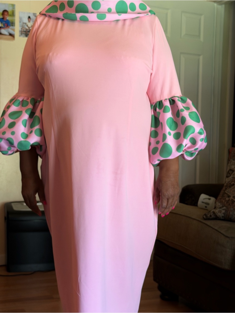 Pink Shift Dress with Green Polka-Dot Accents